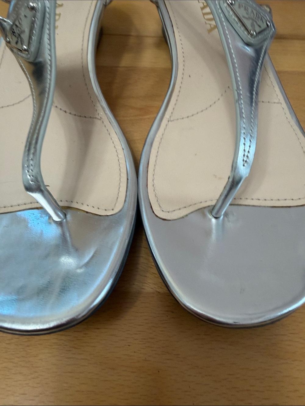 Prada Metallic Silver T-Strap Logo Sandals - Picture 7 of 15